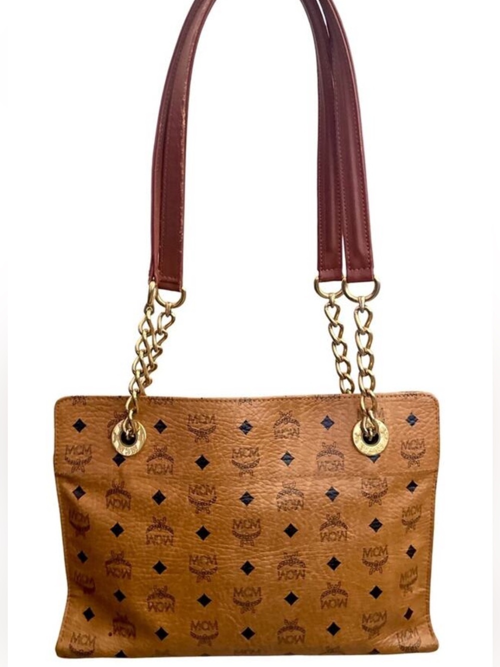 MCM Visetos Cognac Shoulder Bag Gold Chain Strap Medium Tote - Picture 3 of 16